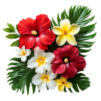 Stylish Hawaiian Flower Arrangement with Red and Yellow Hibiscus png