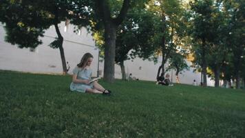 Woman in Dress Reads the Book in Sun Lights at Sunset. the Action in Real Time. flight video