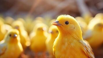 A flock of yellow birds standing in a field photo