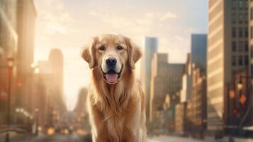 A golden retriever standing in the middle of a city street photo