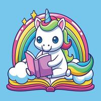 Adorable Unicorn Reading a Book on a Rainbow Arch vector