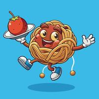 Amusing Cartoon of a Floating Spaghetti Noodle with Meatball vector