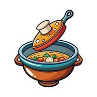 Floating Cartoon Stewing Pot Cooking with Lid Removed and Steam Rising vector