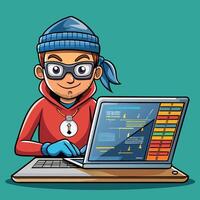 Cartoon Icon Illustration of a Hacker Operating a Laptop vector