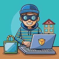 Hacker Operating Laptop in Cartoonish Style, Depicted as an Illustration vector