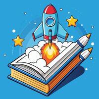 Nostalgic Book Illustration Depicts Rocket Ascending from Open Pages vector