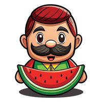 Cartoon of a Mustachioed Watermelon Man with a Cute Expression vector
