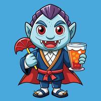 Dracula Vampire in Animated Form Holding a Glass of Juice While Enjoying Sushi with Salmon vector