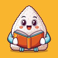 Adorable Onigiri Sushi Reading a Book in Cartoon Style Icon vector