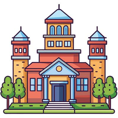 Cartoon Town with Buildings and Structures Illustrative Icon