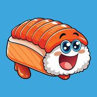 Cartoon Illustration of a Tearful Sushi Roll with Salmon Topping vector