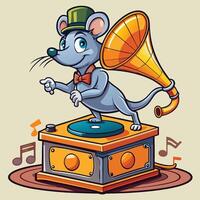 Adorable Rat Enjoys a Musical Adventure on a Nostalgic Music Player vector