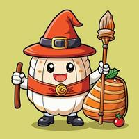 Enchanting Witch with Sushi and Salmon, Holding Magic Broom and Pumpkin vector