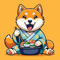 Adorable Shiba Inu Indulging in a Sushi Feast with Gleeful Expressions vector