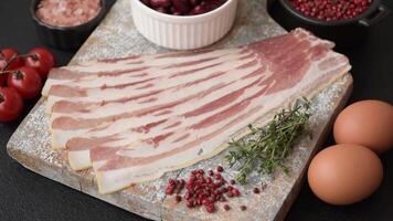 Fresh raw bacon sliced with spices and herbs on a dark concrete background video