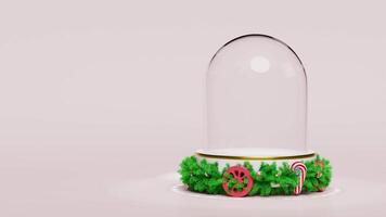 3d snow globe empty with decorated podium on wheels spinning around isolated on pink background. merry christmas, festive new year concept, 3d render illustration video