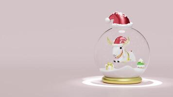 3d reindeer in snow globe glass transparent with falling snow, gift box, christmas tree isolated on pink background. merry christmas, festive New Year concept, 3d render illustration video