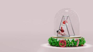 3d santa claus sitting swing in snow globe with decorated podium on wheels spinning around isolated on pink background. merry christmas, festive new year concept, 3d render illustration video
