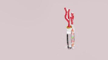 3d clock glass spinning around with antlers, falling snow isolated on pink background. merry christmas, festive new year concept, 3d render illustration video