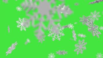4K seamless loop animation of falling snowflakes 3D effect green background for chroma key use video