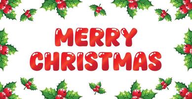 merry christmas text isolated on white background with holly berries frame vector