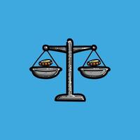 A vibrant illustration showing two balanced scales, each with coins, against a blue background. Symbolizes concepts like balance, equality, and justice in finance. vector