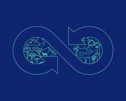 concept of sustainable energy resources or eco friendly, outline graphic of infinity sign combined with ecology system such as rain forest, turbine, solar farm vector