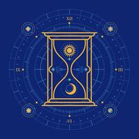 concept of astrology or spacetime, graphic of mythology hourglass emblem with sun and moon on galaxy background presented in gypsy or tarot card style vector