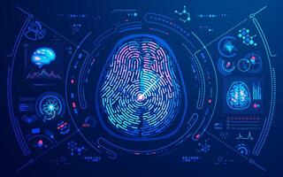 concept of neuroscience or MRI scan technology, graphic of brain shape combined with fingerprint and medical interface vector