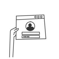 a hand holding up a computer screen login page vector