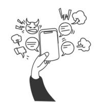hand holding a smartphone with speech bubbles and other icons vector
