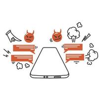 angry and bullying message on phone in doodle cartoon icon vector