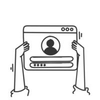 hands holding up a computer screen with login and password page vector