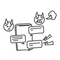 a phone with two speech bubbles and a devil face symbol for angry and bullying message on phone vector