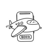 a black and white drawing of a plane book flight button on mobile doodle style vector