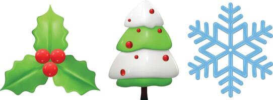 Set of festive 3d render Christmas decorations with a red berries, Christmas tree and Snowflakes. vector