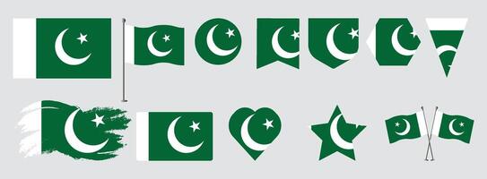 Set Pakistan flags, banners, symbols, flat icon. illustration of collection of national symbols on various objects and state signs and shape vector