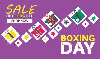 Boxing day sale banner illustration. Boxing glove with surprise box on red bokeh background vector