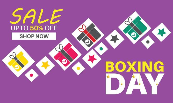 Boxing day sale banner illustration. Boxing glove with surprise box on red bokeh background