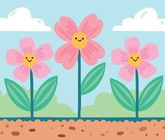 A playful illustration of cute, smiling flower characters blooming in a garden with rich soil and fluffy clouds above, radiating a cheerful and whimsical nature scene. vector