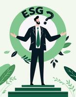 A close-up of a confused businessman pondering the meaning of ESG, with a question mark icon symbolizing uncertainty about environmental, social, and governance concepts in business. vector