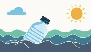 A graphic illustration of a plastic bottle floating in the ocean waves, symbolizing marine pollution and raising awareness about the environmental impact of plastic waste in our waters. vector