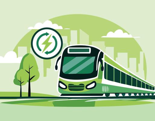 A front-view illustration of an electric green MRT train powered by renewable clean energy, surrounded by eco-friendly trees and modern buildings in a sustainable cityscape.