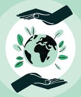 Two hands protecting a green earth surrounded by leaves, symbolizing sustainability, environmental care, and a commitment to a cleaner, greener planet. vector