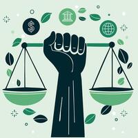 A thought-provoking concept of an arm balancing justice scales, symbolizing ESG as the equilibrium between corporate gains, social justice, and governance for a sustainable world. vector