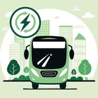 A front-view illustration of an electric green bus powered by renewable energy, set in a sustainable city surrounded by eco-friendly trees and modern buildings. vector