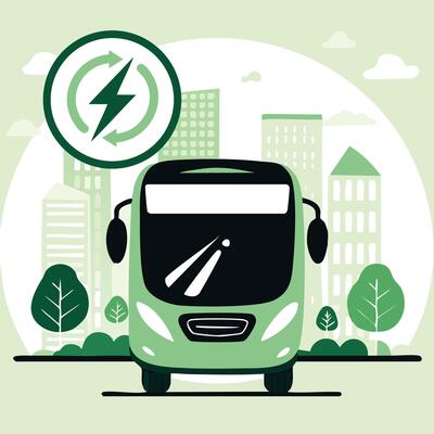 A front-view illustration of an electric green bus powered by renewable energy, set in a sustainable city surrounded by eco-friendly trees and modern buildings.