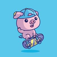 Simple a cheerful pig is playing a skateboard cartoon illustration Collection of animals concept icon isolated vector