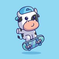 Simple a cheerful cow is playing a skateboard cartoon illustration Collection of animals concept icon isolated vector