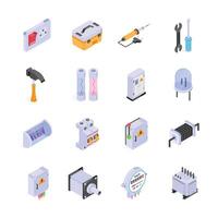This set of isometric icons depicts various electrical components and tools vector